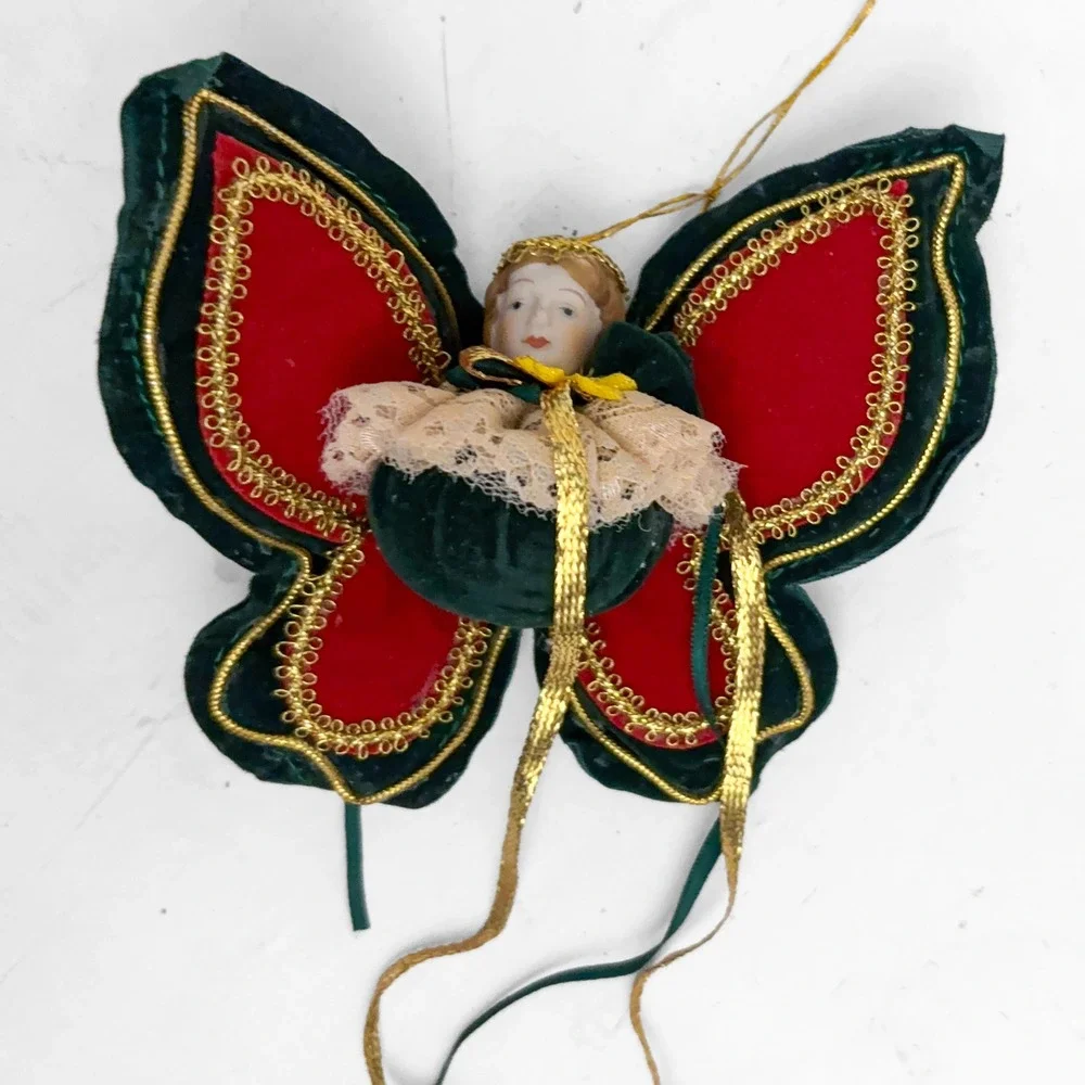VTG Porcelain Angel Butterfly Christmas Ornament Gothic Victorian Style